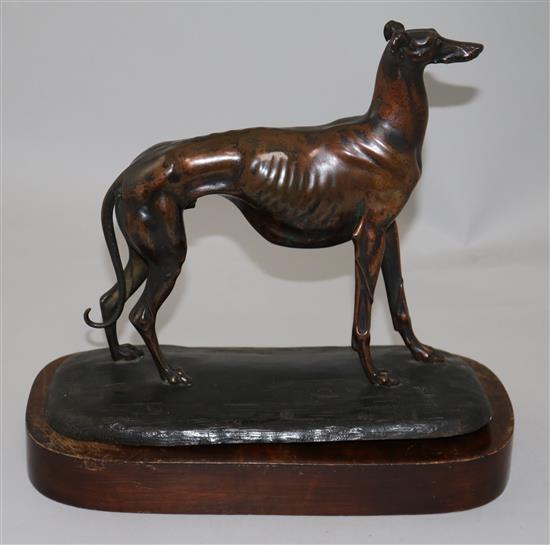 A Victorian copper bronze model of a greyhound, H. 9in.